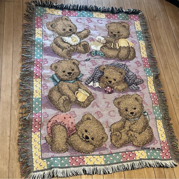 Red Calliope Vintage Baby Blanket Teddy Bears ABC 123 Fringe 44x34 - Picture 1 of 7